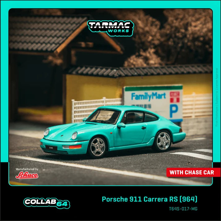 Mint green Tarmac Works 1/64 scale Porsche 911 Carrera RS 964 model car