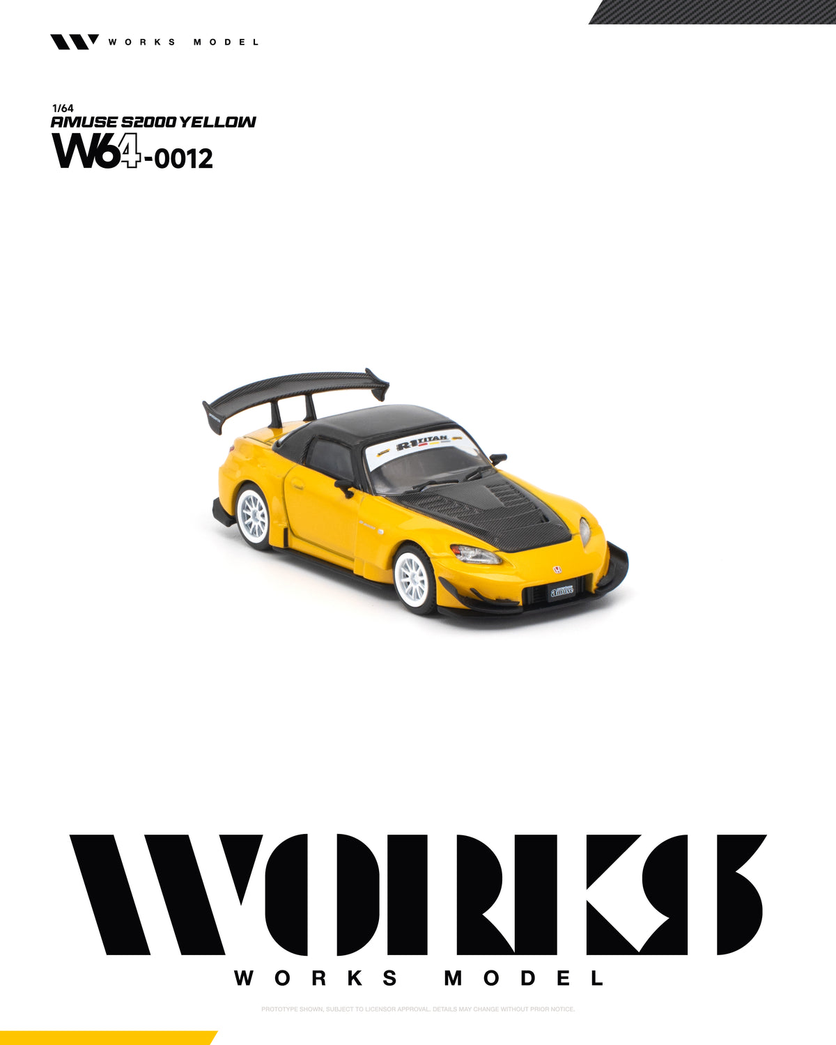 Yellow Amuse S2000 1/64 scale model, side profile