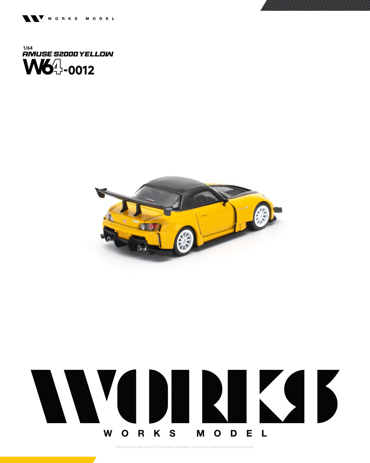 Works Amuse S2000 yellow diecast, rear angle shot