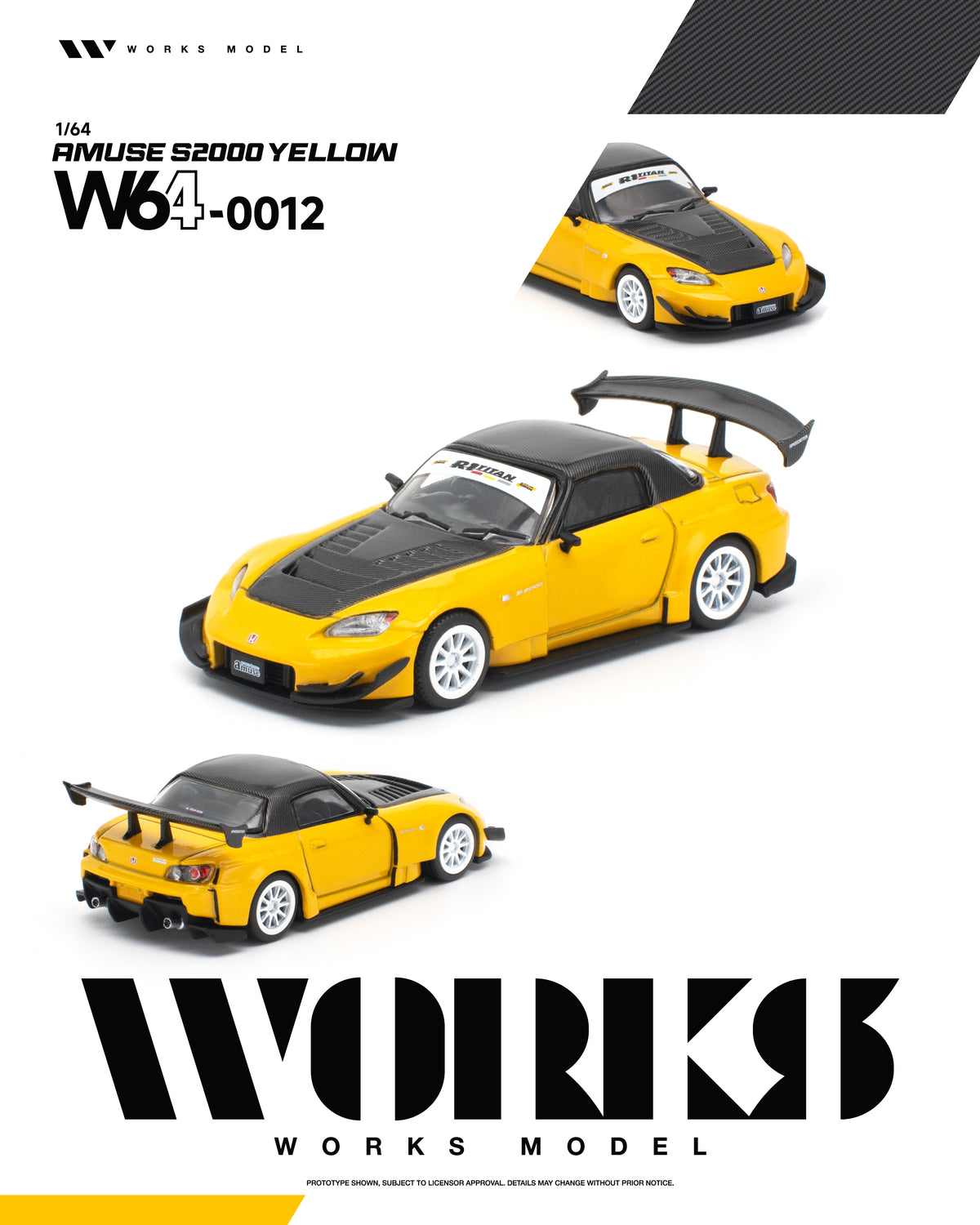 Works 1/64 Amuse S2000 in yellow, front three-quarter view