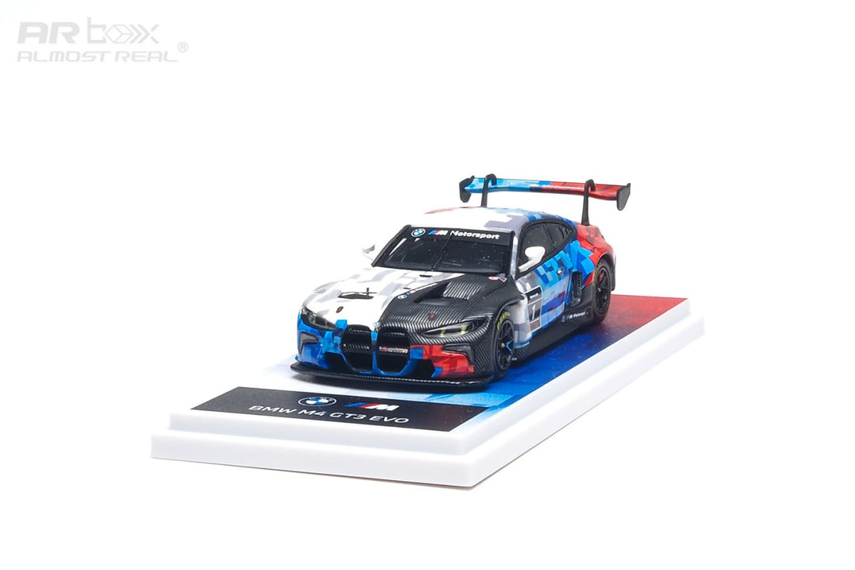 Almost Real 1/64 BMW M4 GT3 EVO presentation car in acrylic display case