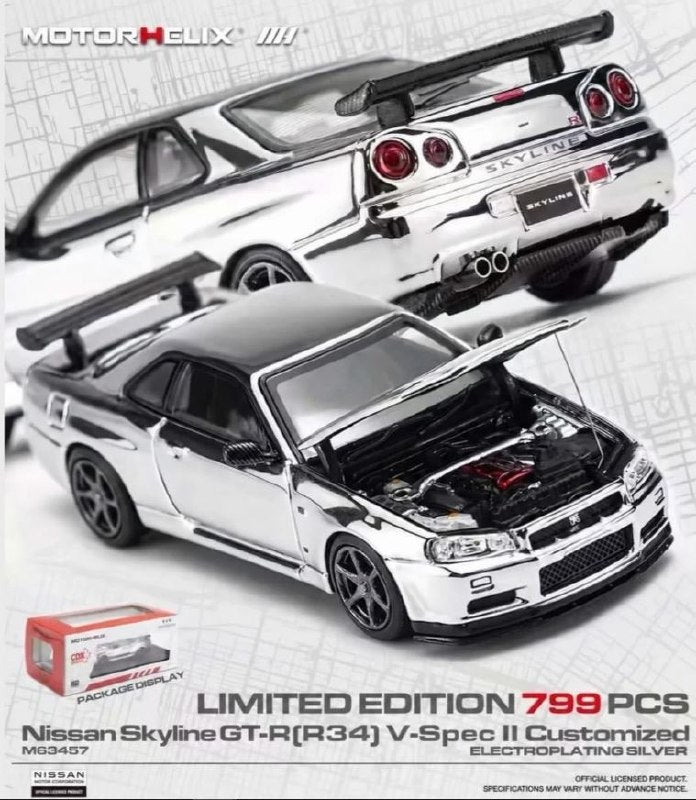 Motorhelix 1/64 Nissan Skyline GT-R R34 V-Spec II in electroplating silver