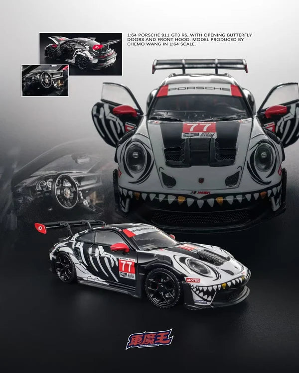 Demon King Auto 1/64 Porsche 911 GT3 RS Skeleton Rexy #77 diecast model in acrylic case