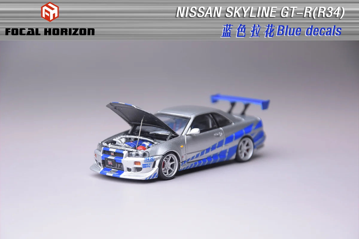 Focal Horizon 1/64 Nissan Skyline GT-R R34 Fast & Furious diecast model in acrylic case