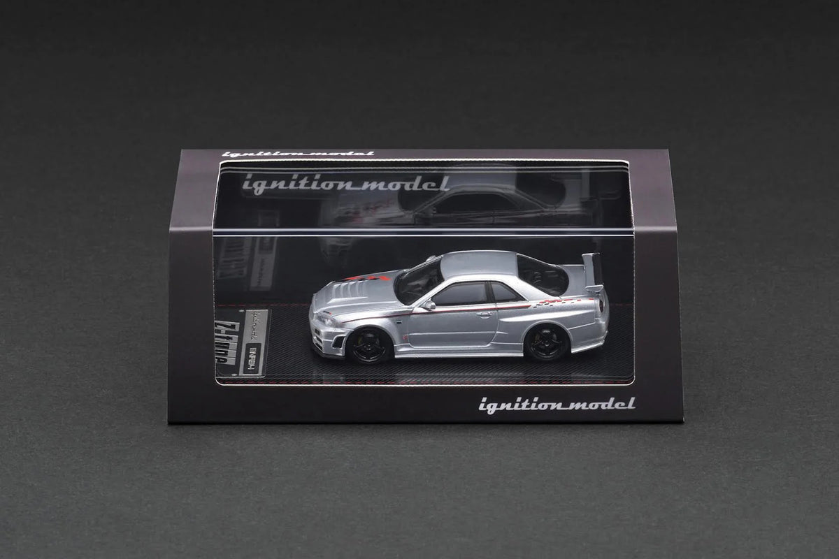 Ignition Model 1/64 Nismo R34 GT-R Z-Tune silver finish detail view