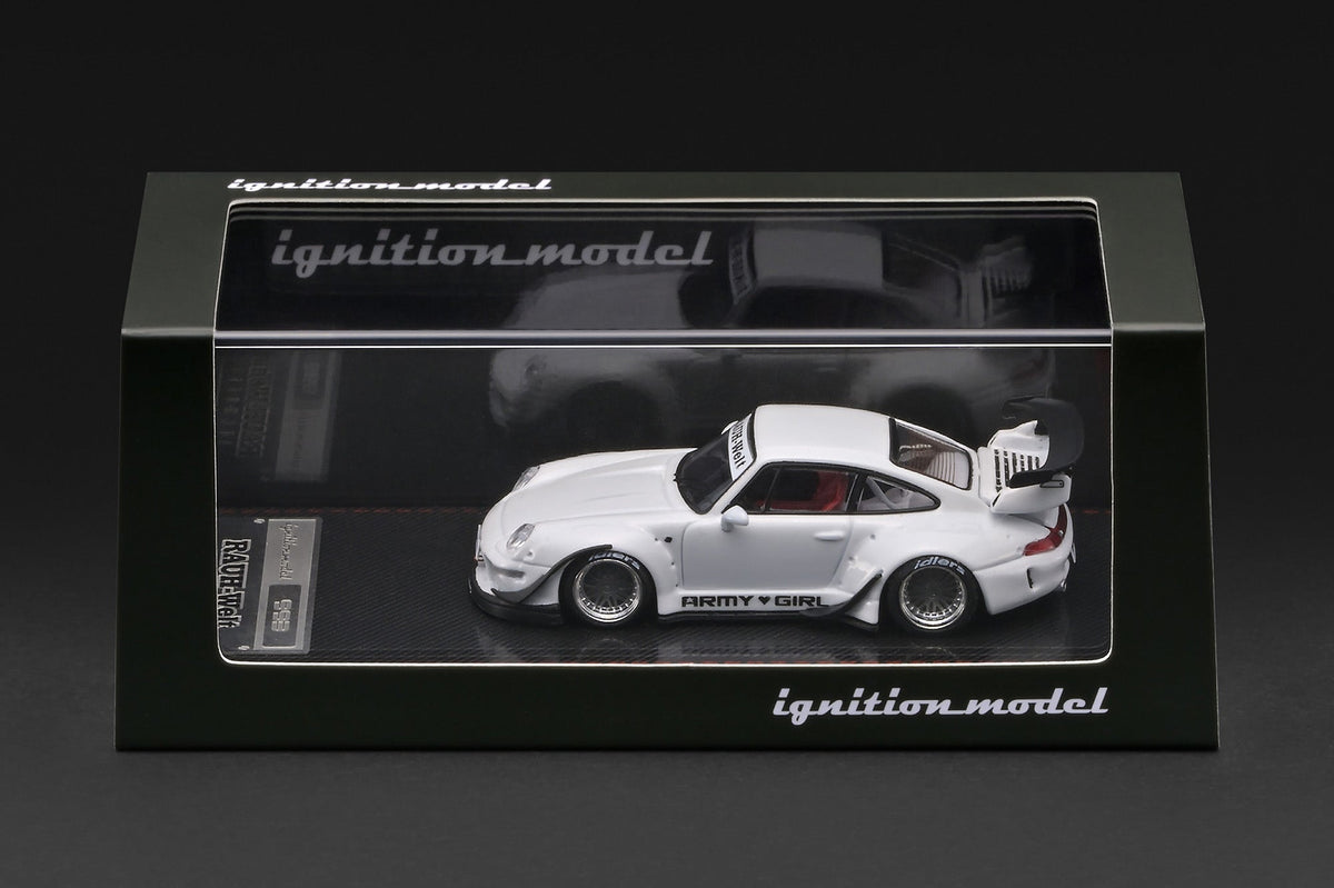 White Metallic RWB widebody Porsche 930, top-down angle view