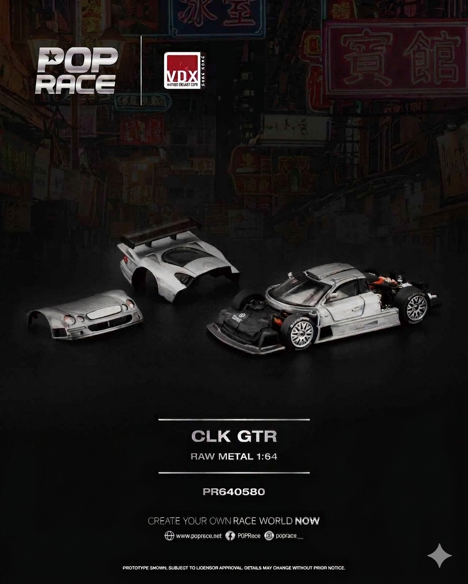 Pop Race 1/64 CLK GTR raw metal finish diecast model