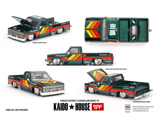 Kaido House x Mini GT 1:64 Chevrolet Silverado KAIDO WORKS V3 in Dark Green