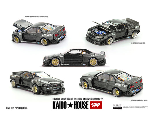 Kaido House x Mini GT 1:64 Nissan Skyline GT-R (R34) Kaido Works GReddy V2 in Black with Carbon