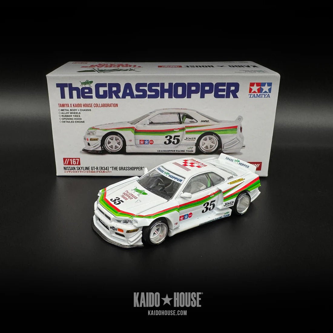 MINI GT x Kaido House 1/64 Nissan Skyline GT - R (R34) TAMIYA x KAIDO HOUSE "The GRASSHOPPER" V1 KHMG167 1:64 diecast model