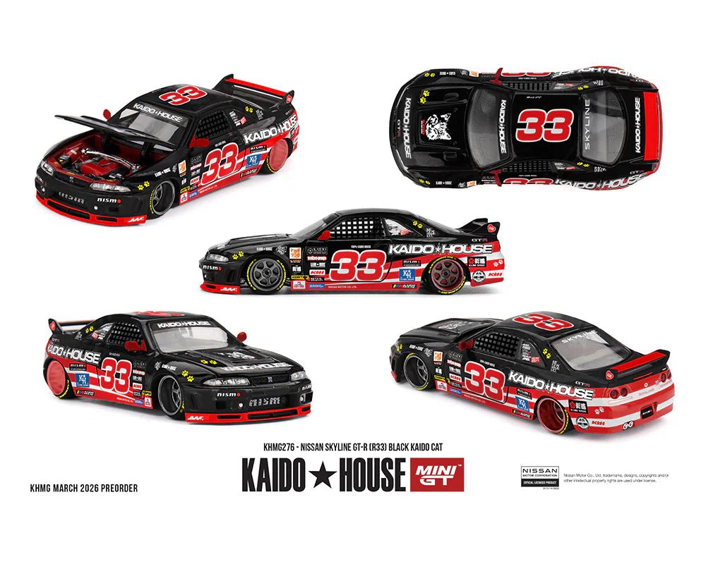 (PREORDER) MINI GT x Kaido House 1/64 NISSAN SKYLINE GT - R (R33) BLACK KAIDO CAT – LIMITED EDITION KHMG276 1:64 diecast model