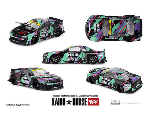 (PREORDER) MINI GT x Kaido House 1/64 NISSAN SKYLINE GT - R R34 KAIDO WORKS (V2 AERO) HKS – LIMITED EDITION KHMG280 1:64 diecast model