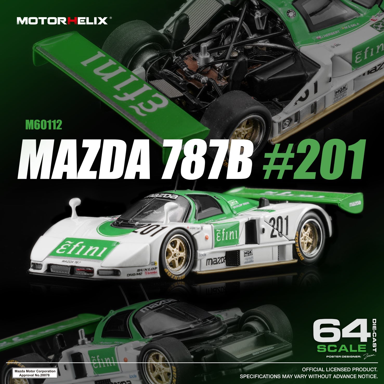 (PREORDER) MOTORHELIX 1/64 MAZDA 787B 201 GREEN/WHITE M60112 1:64 diecast model