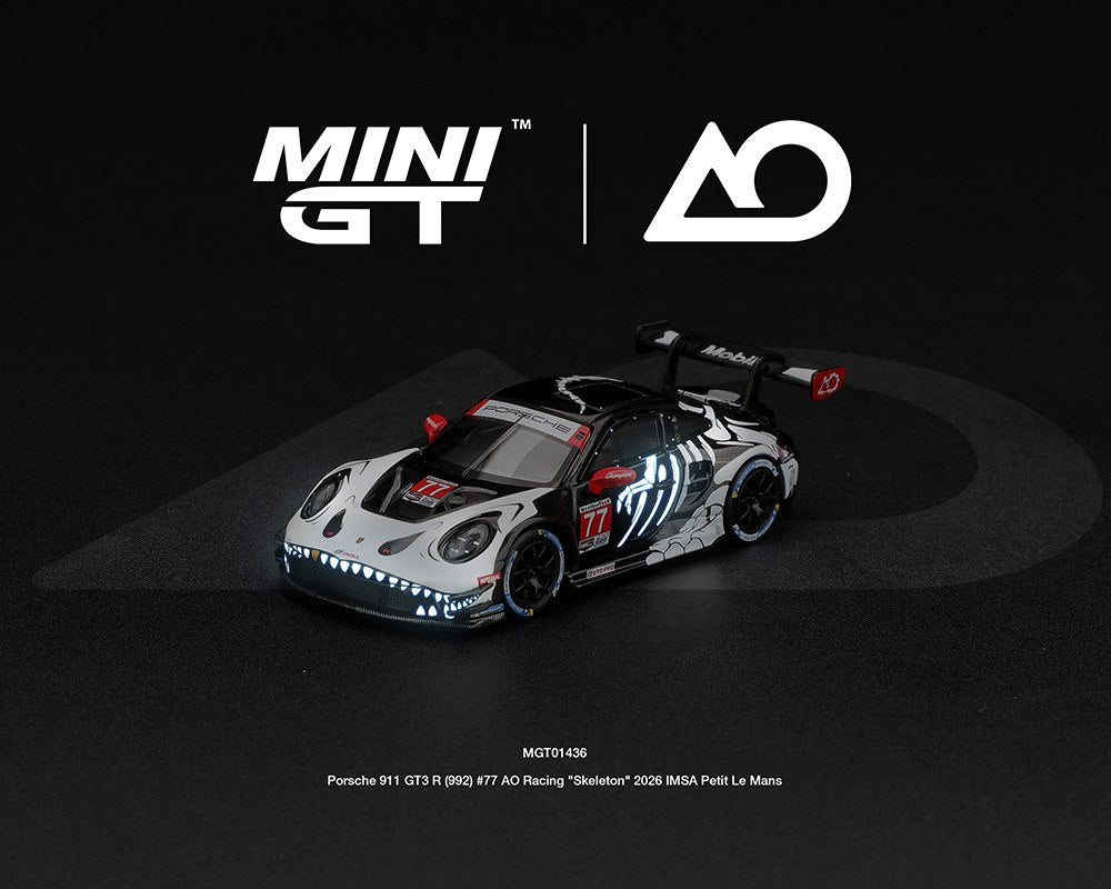 Mini GT 1/64 Porsche 911 GT3 R (992) #77 AO Racing Skeleton Rexy IMSA livery diecast model