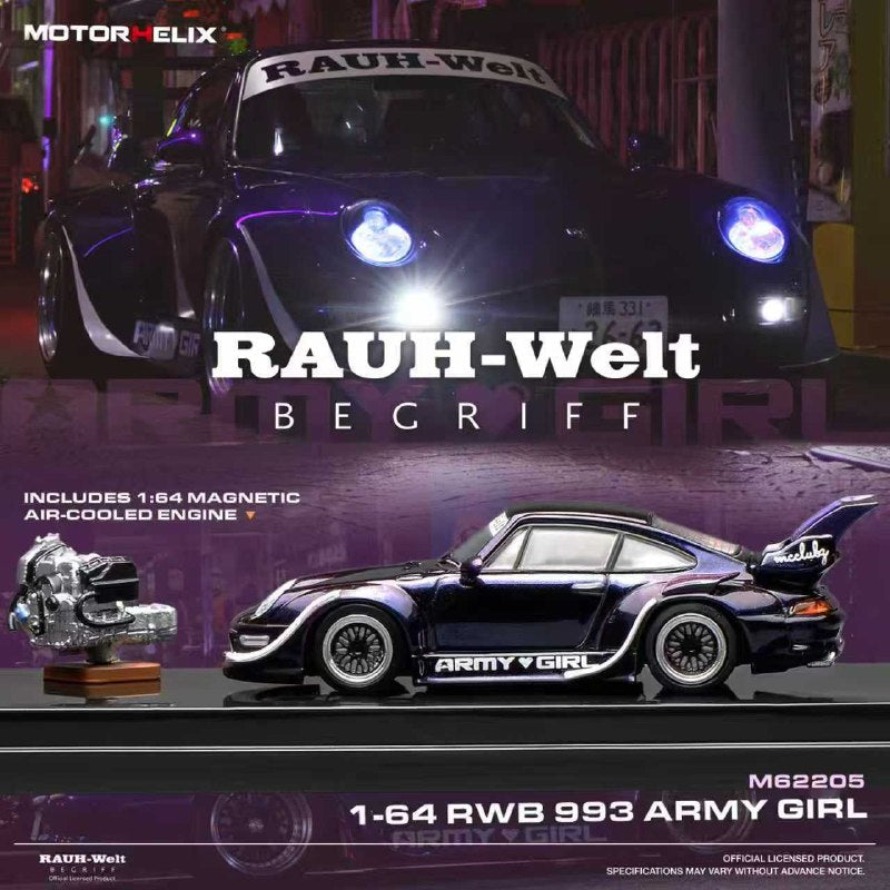Motorhelix 1/64 RWB Porsche 993 Army Girl diecast model in acrylic display case