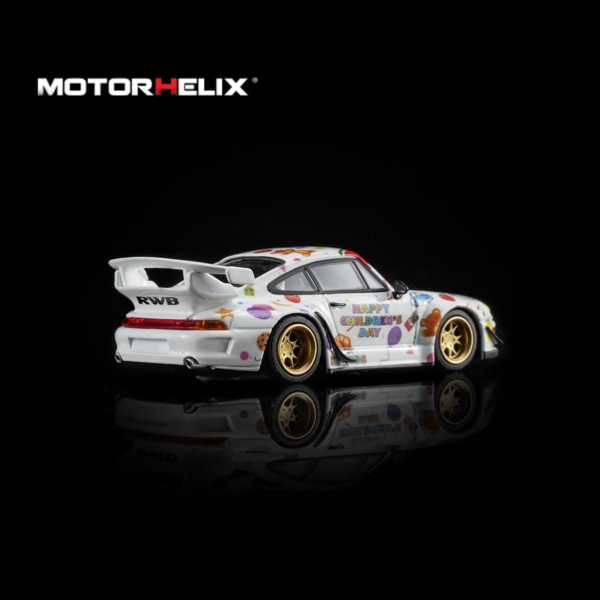 RWB 993 in Children's Day livery, Motorhelix 1/64 scale diecast, overhead angle
