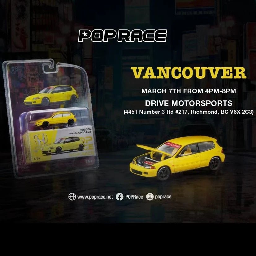 POPRACE 1/64 Honda Civic EG6 YELLOW - Vancouver 2026 Edition PRB004 1:64 diecast model
