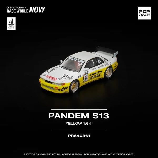 Poprace 1/64 Pandem Silvia S13 diecast model in Yellow/White livery