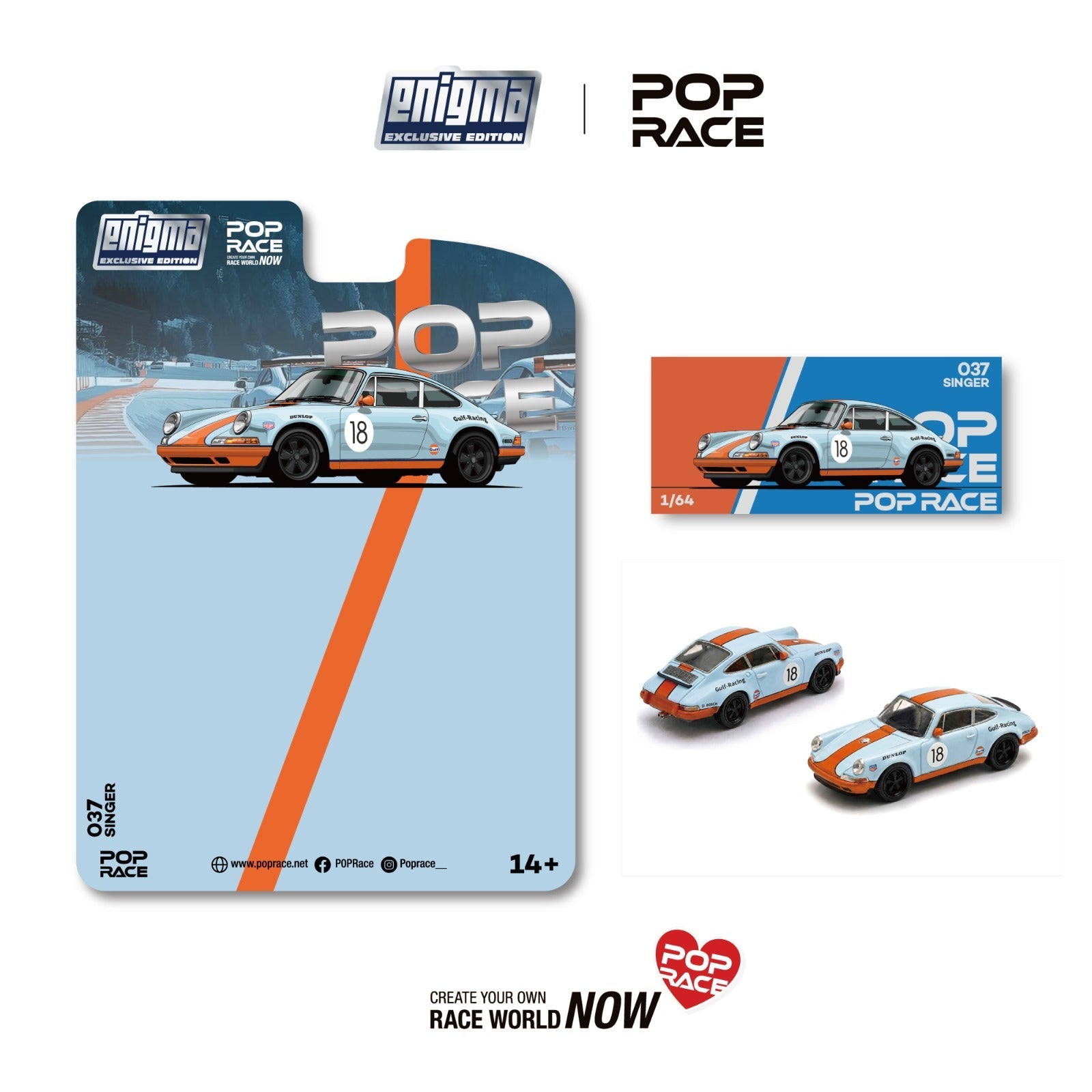 (PREORDER) POPRACE 1/64 SINGER RACING ORANGE/BLUE 18 (enigma exclusive edition) PRE037 1:64 diecast model