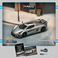 TARMAC WORKS GLOBAL64 1/64 Koenigsegg Regera Silver Metallic / Blue Accents Model Car + Trading Cards Combo Set T64G-TL017-SL 1:64 diecast model