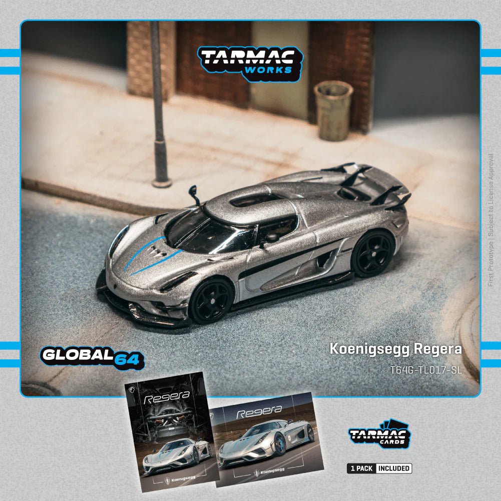 TARMAC WORKS GLOBAL64 1/64 Koenigsegg Regera Silver Metallic / Blue Accents Model Car + Trading Cards Combo Set T64G-TL017-SL 1:64 diecast model