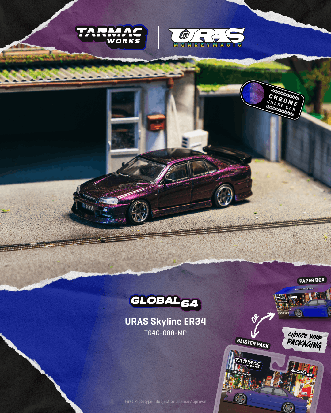 (PREORDER) TARMAC WORKS GLOBAL64 URAS Skyline ER34 Midnight Purple T64G-088-MP 1:64 diecast model
