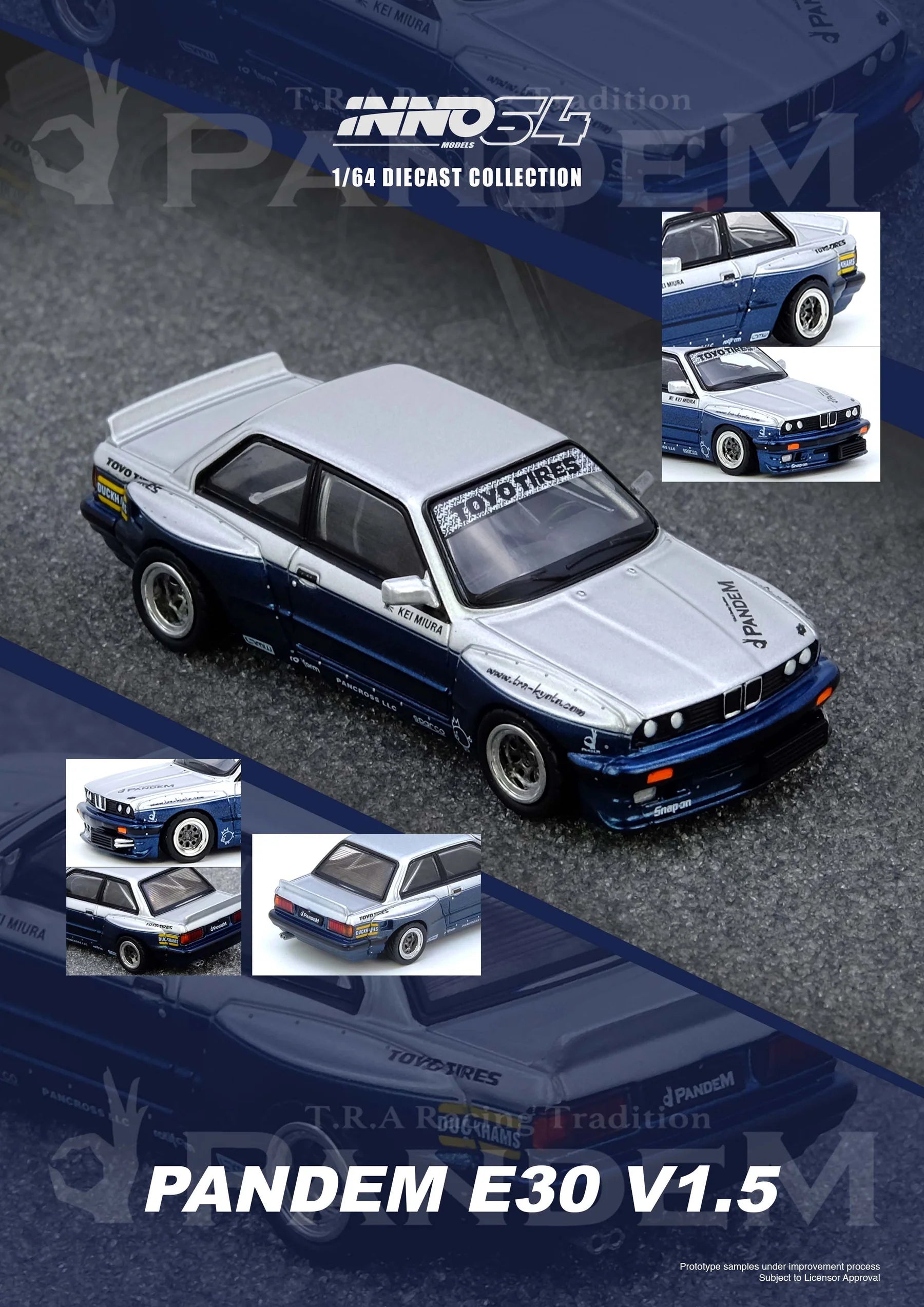 INNO64 1/64 PANDEM E30 M3 SILVER/BLUE IN64-E30P-SILBLU 1:64 diecast model