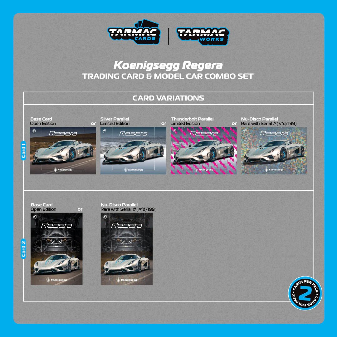 TARMAC WORKS GLOBAL64 1/64 Koenigsegg Regera Silver Metallic / Blue Accents Model Car + Trading Cards Combo Set T64G-TL017-SL 1:64 diecast model