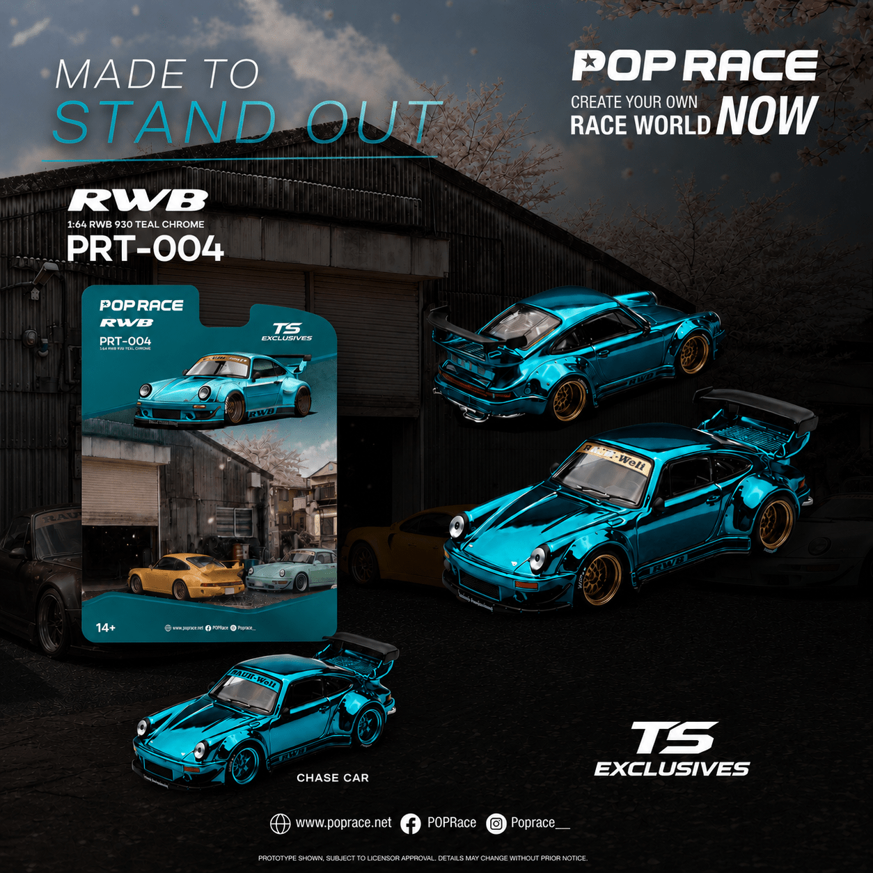 (PREORDER) POPRACE x TS Exclusives 1/64 RWB 930 TEAL CHROME PRT004 1:64 diecast model