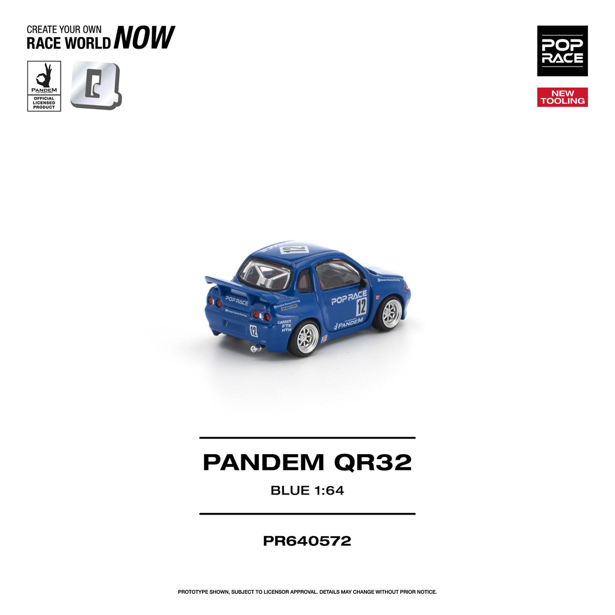 Blue QR32 Pandem model car, side profile showing widebody kit