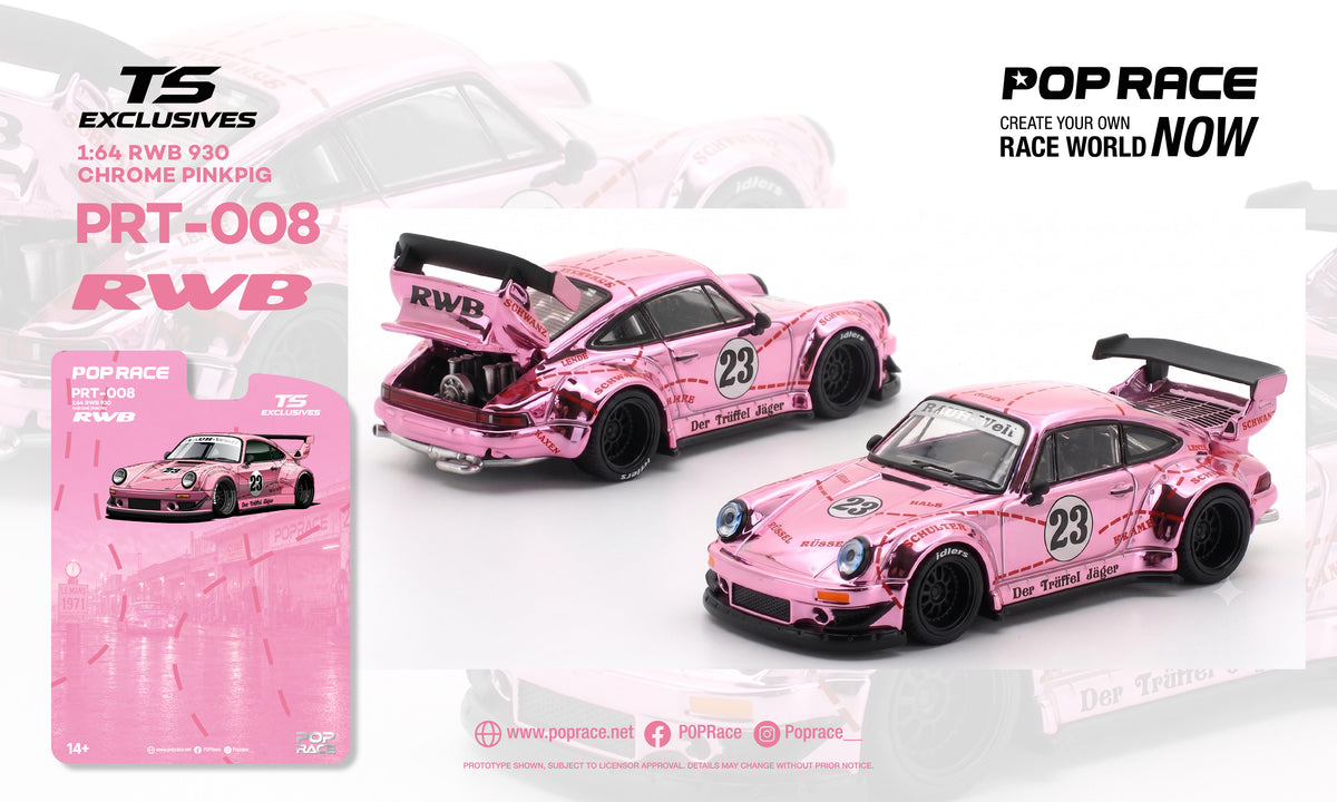 Pop Race 1/64 scale RWB 930 Porsche in chrome pink with Pig livery