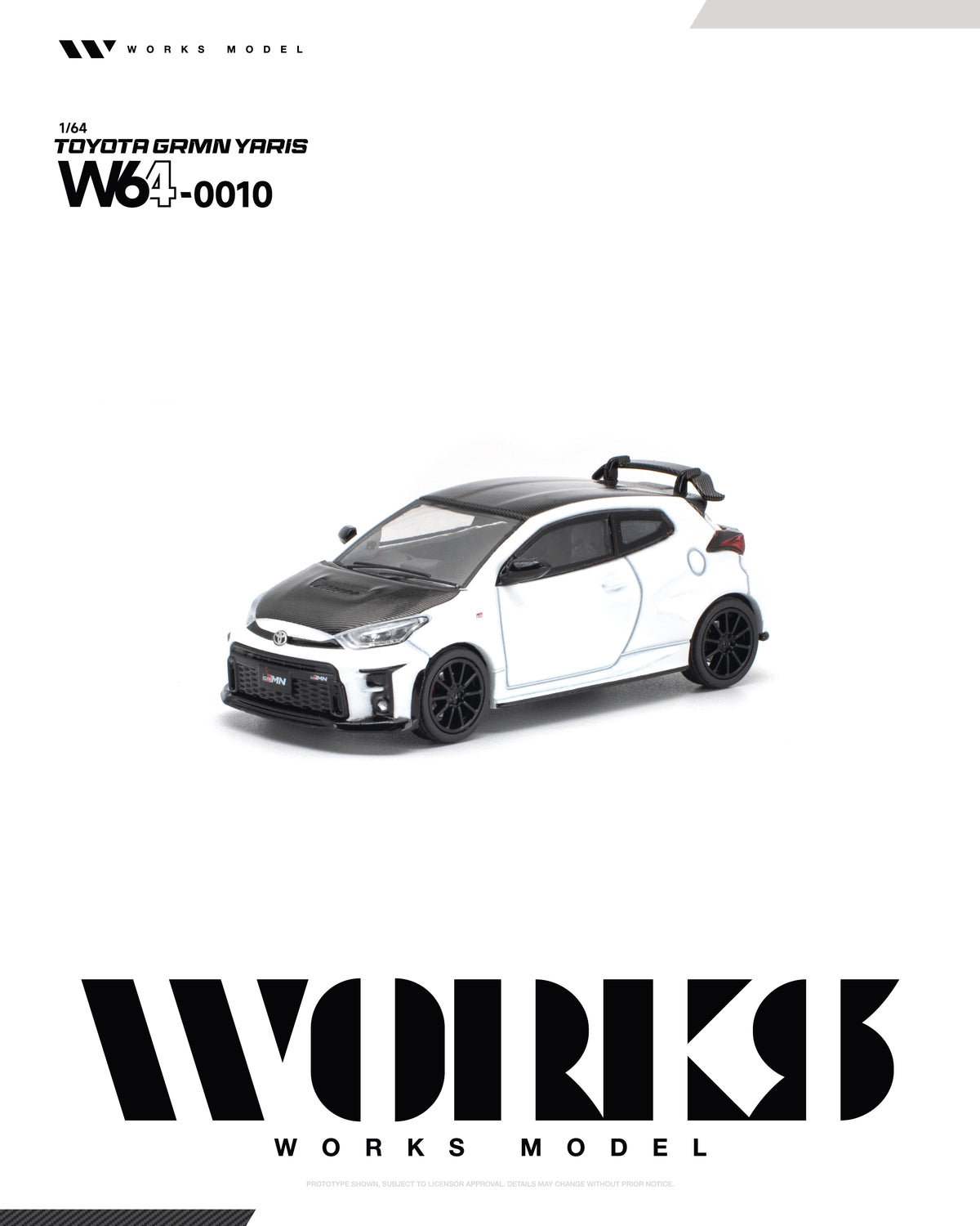 White Grmn Yaris diecast model with Works racing livery, 1/64 scale