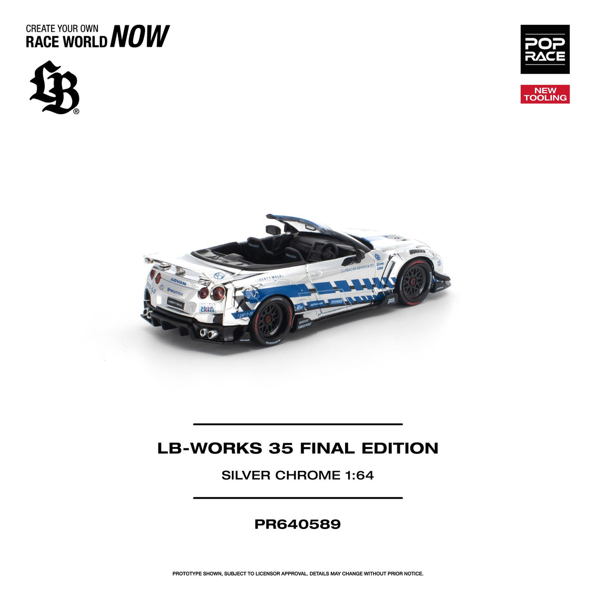 Pop Race 1/64 scale LB-Works 35 GT-R in silver chrome