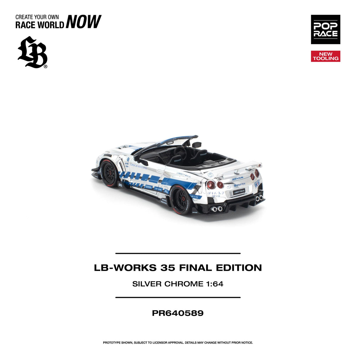 Silver chrome LB-Works 35 GT-R diecast model, driver side view