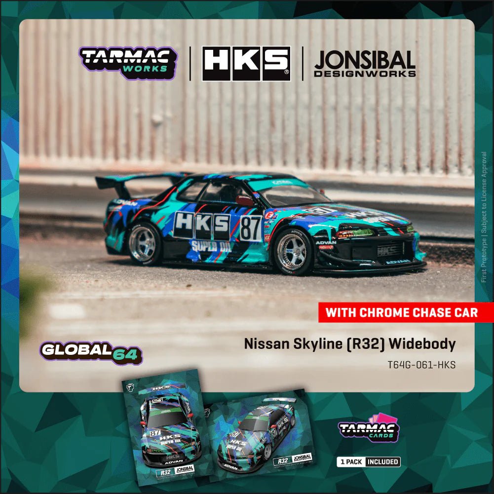 TARMAC WORKS GLOBAL64 1/64 Nissan Skyline (R32) Widebody HKS Model Car + Trading Cards Combo Set T64G - 061 - HKS 1:64 diecast model