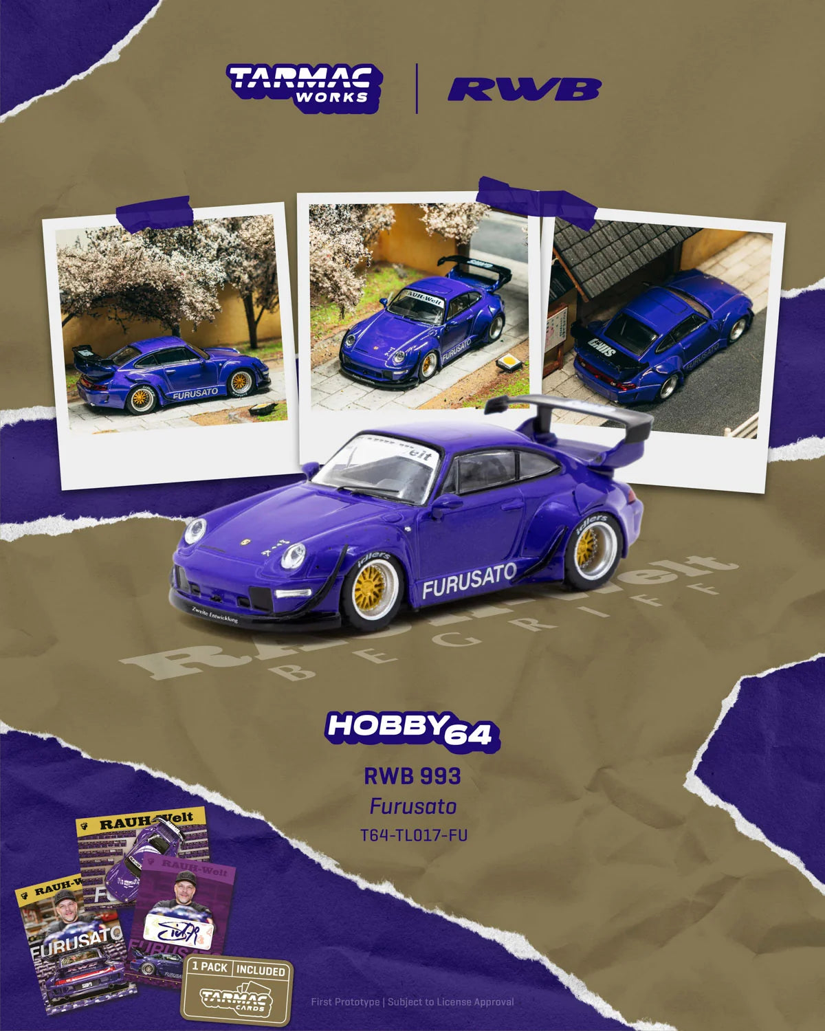 Tarmac Works 1/64 Porsche RWB 993 diecast model in acrylic display case