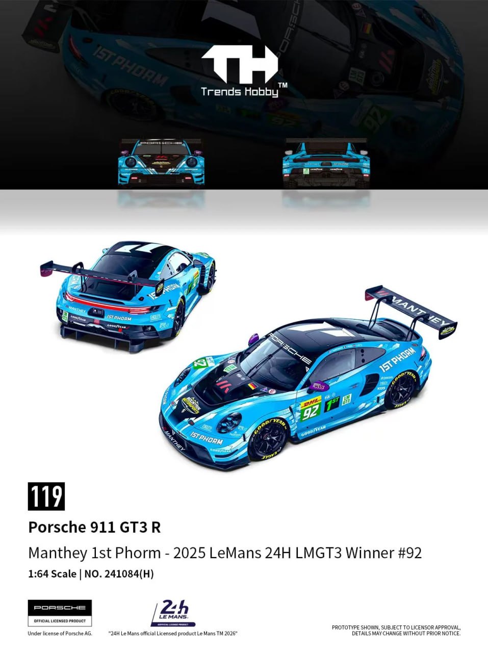 Trends Hobby 1/64 Porsche 911 GT3 R Le Mans 24H 2025 #92 race car